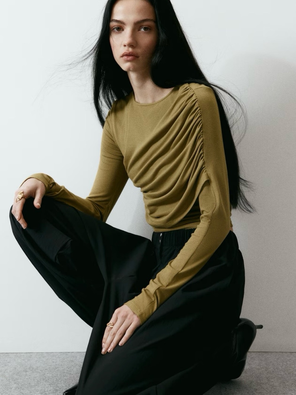 H&M Draped Viscose Top Olive Long-Sleeve